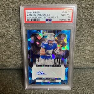 Prizm Zach Charbonnet Sensational Signatures blue ice /99 autograph PSA 10 card